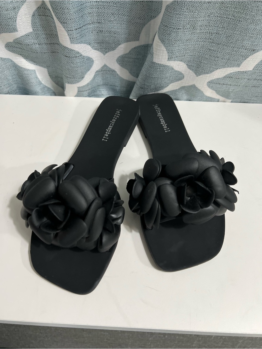 Jeffrey Campbell Black Floral Appliqué Slide Sandals